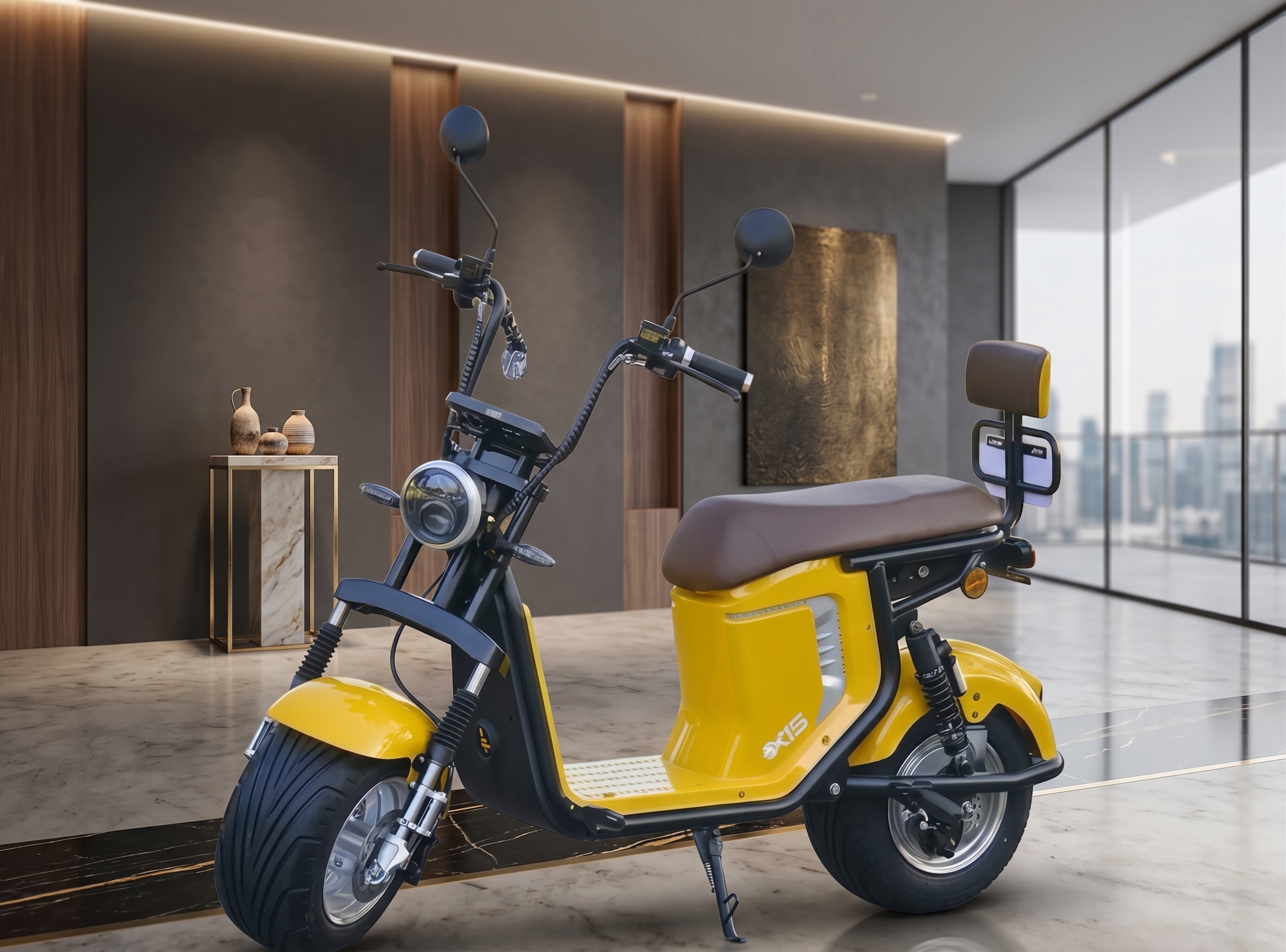 Scooter elétrica amarela em showroom