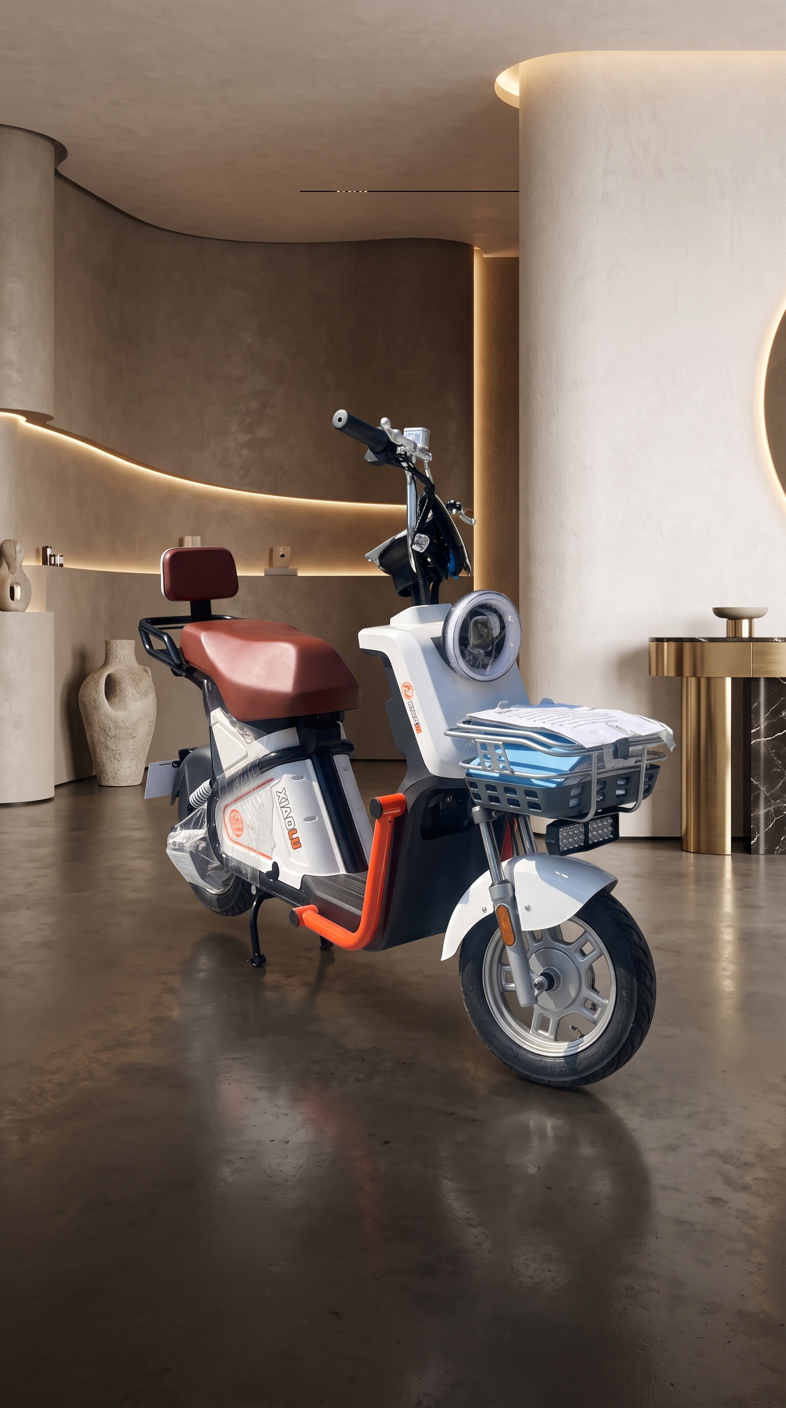 Scooter com cesta em ambiente de showroom