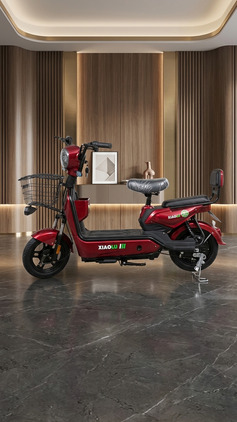 Scooter urbana com cesta em ambiente de showroom
